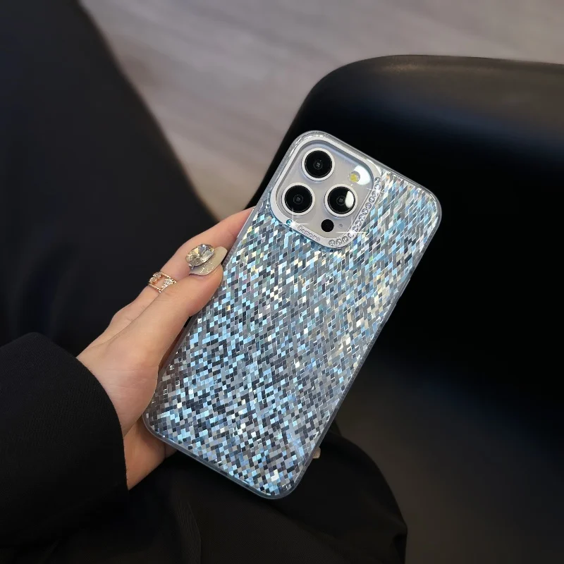 Luxury Lingge lines Glitter Phone Case For IPhone 15 14 13 Pro Max Metal buttons Shockproof Bumper cover for women