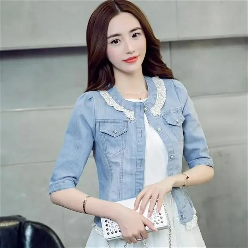Jaqueta jeans feminina meia manga jean jaqueta mulher elástica confortável denim casaco curto jaqueta jeans feminino estudante topo