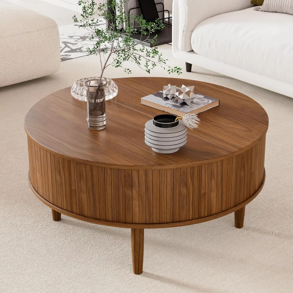 

31.5" Round Fluted Lift Top Coffee Table With Storage Mid Century Modern Coffee Table For Living Room Home Small Space Furniture