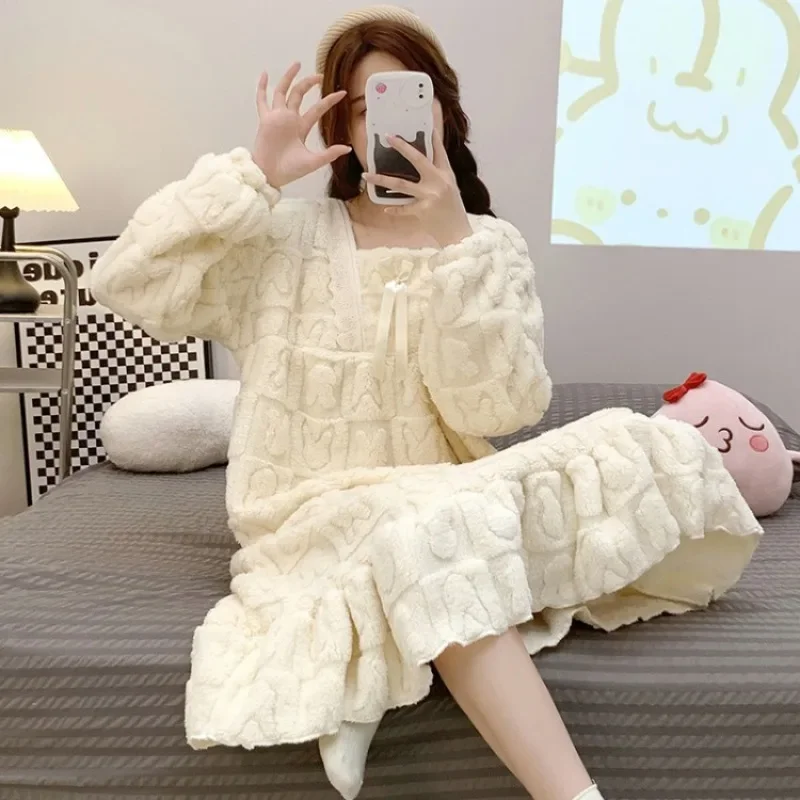 5xl фланелевые ночные рубашки большого размера, женские зимние толстые теплые пижамы, корейская студенческая ночная рубашка, коралловый флис, уютная домашняя одежда