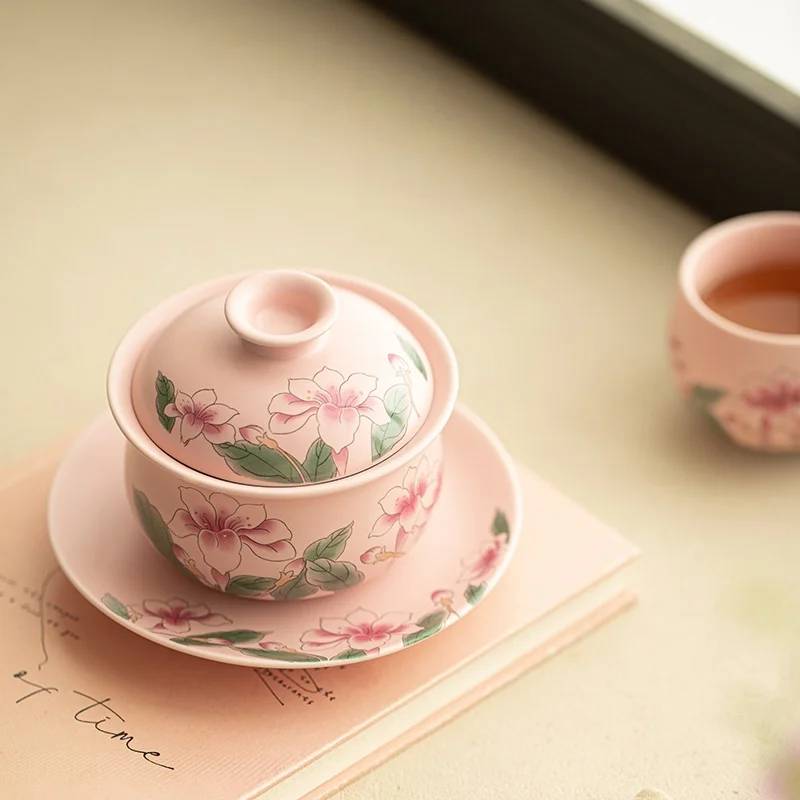 160ml Pink Gai Wan Beautiful Lotus Pattern Household Ceramic Tea Bowl Lady Tea Set Kung Fu Tea Set Tea Ceremony