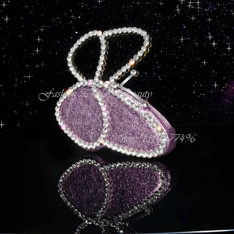 

Purple Romantic Crystal Butterfly Wings Handbag Evening Bags Women Party Diamond Silver Bling Trim Black Silk Tote Mini Wristlet