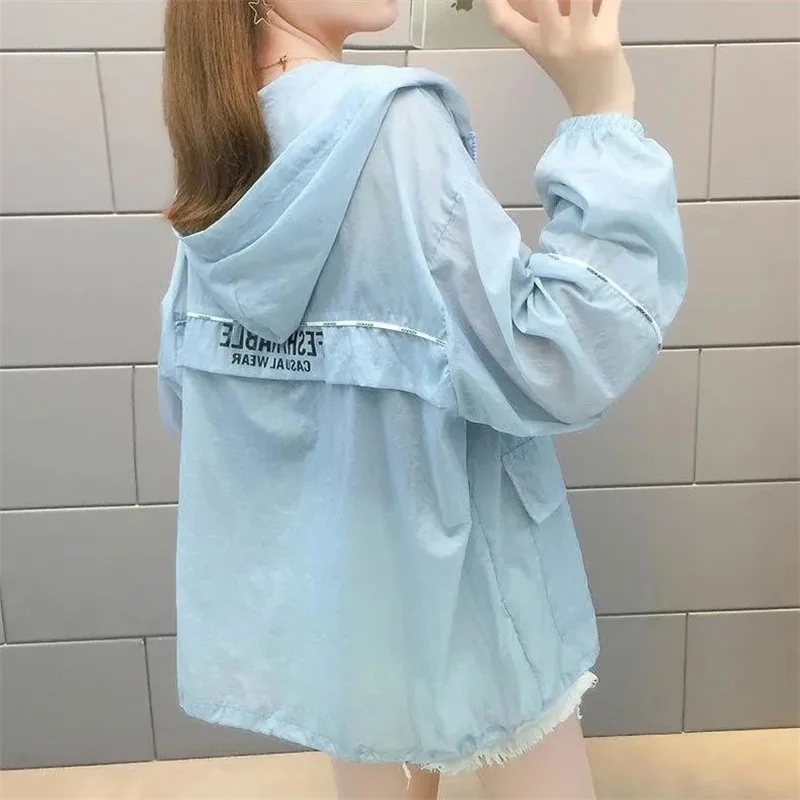 

Women Hooded Jackets Summer Sun-proof Zipper Coats Thin Loose See Through Outerwear Breathable Outwear Ligh