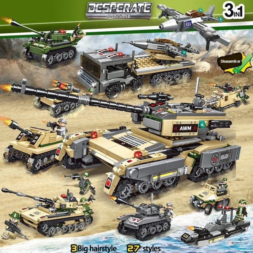 8-in-2 탱크 및 장갑차 블록, 사실적인 탱크 모델, 고난이도 조립 블록, 어린이 선물