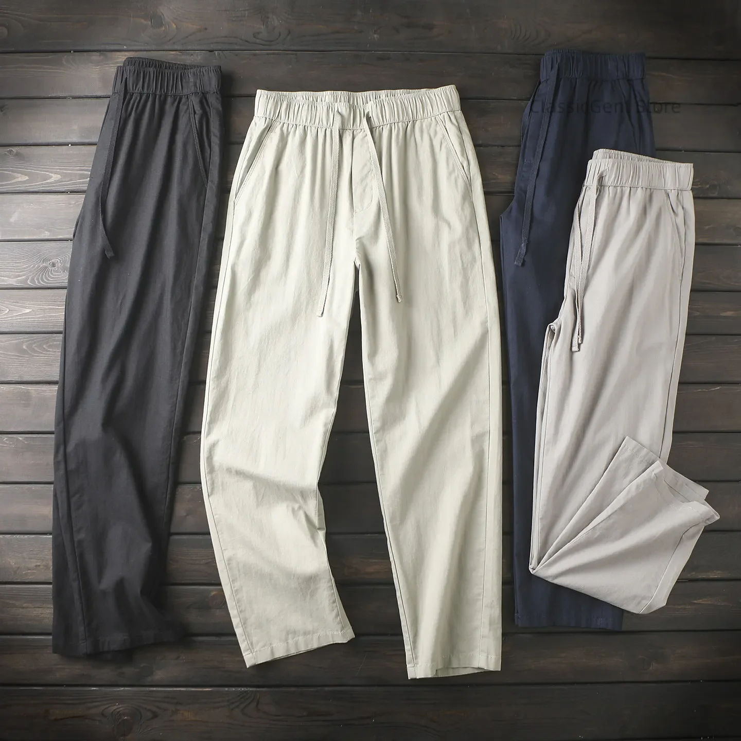 Spring and summer Japanese natural antibacterial linen cotton men's elastic waist straight casual trousers