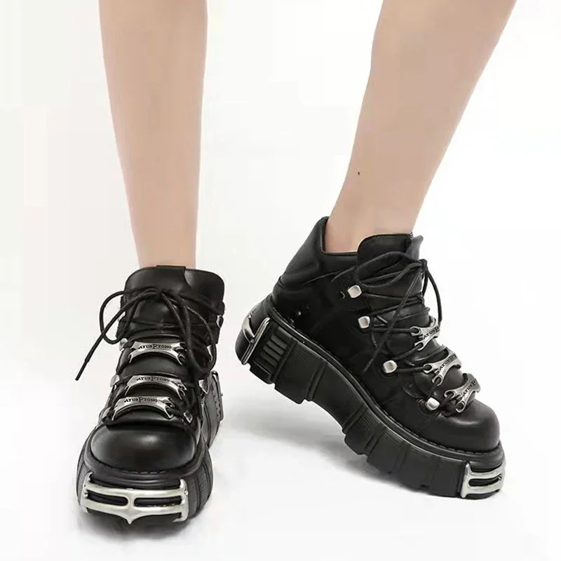 

2025 Spring Autumn New Low-Top Metal Platform Shoes Sole Dad Shoes Heightening Punk Shoes Thick Sole Round Toe Single Shoes