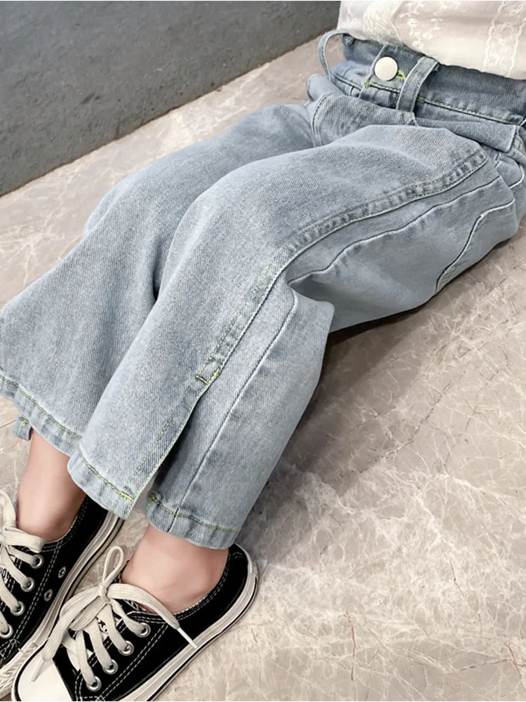 

Girls Denim Pants Spring Autumn 2022 New HIgh Waist Straight Wide Leg Pants Fashion Trend All-Match Jean Trousers 1-6 Years