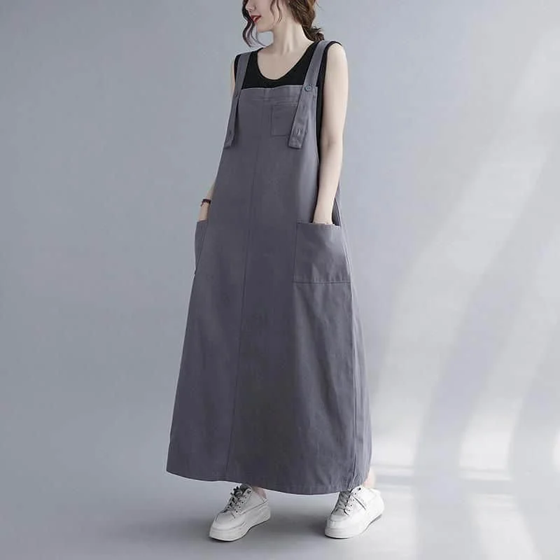 

Strap Dress for Women Solid Sleeveless Casual Loose Summer Streetwear Trend Korean Style Oversized Vintage Calf Length Dresses