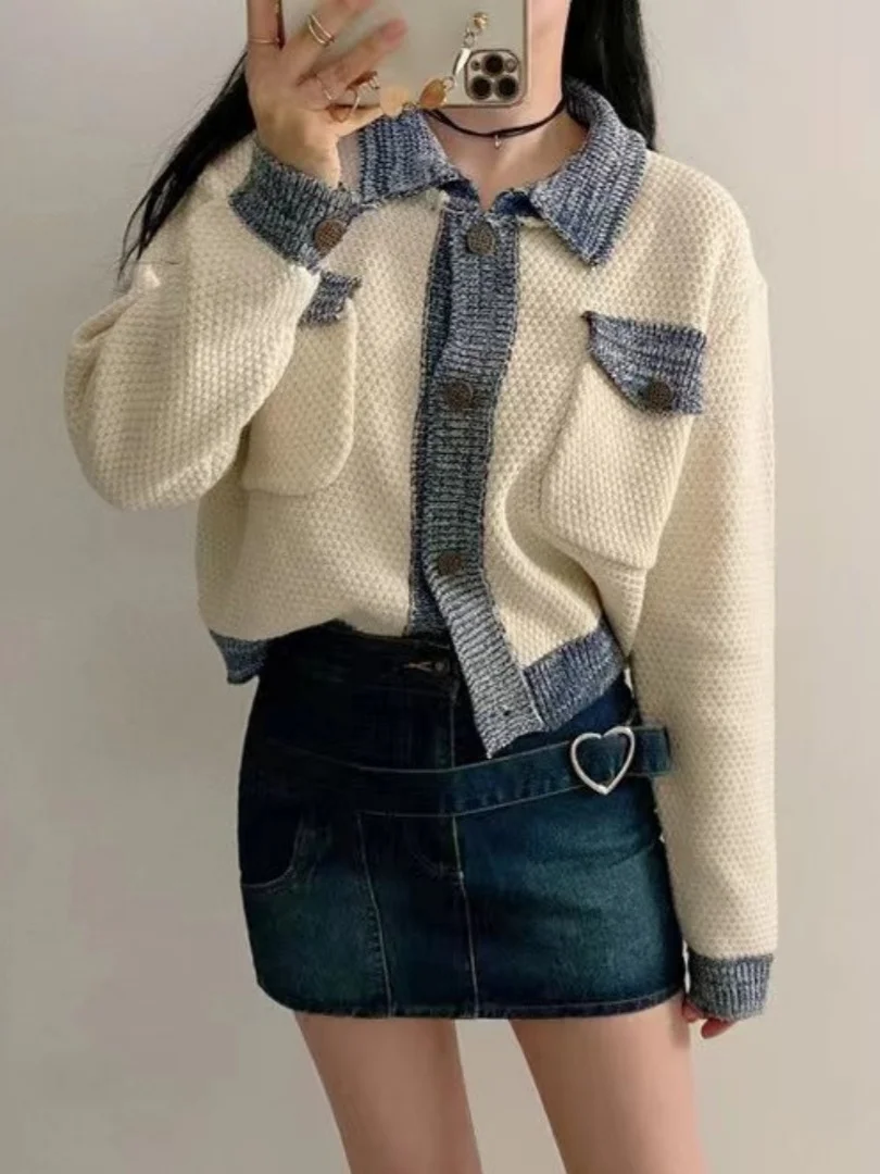 

Korean Chic Sle Spring Autumn Vintage Collar Double ket Color Blo Long Sve Knitted Sweater Coat for Women