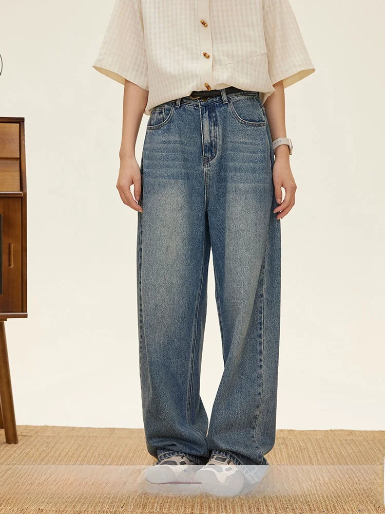 

Прямые винтажные джинсовые джинсы с высокой талией, женские весенние свободные утягивающие широкие брюки длиной до пола