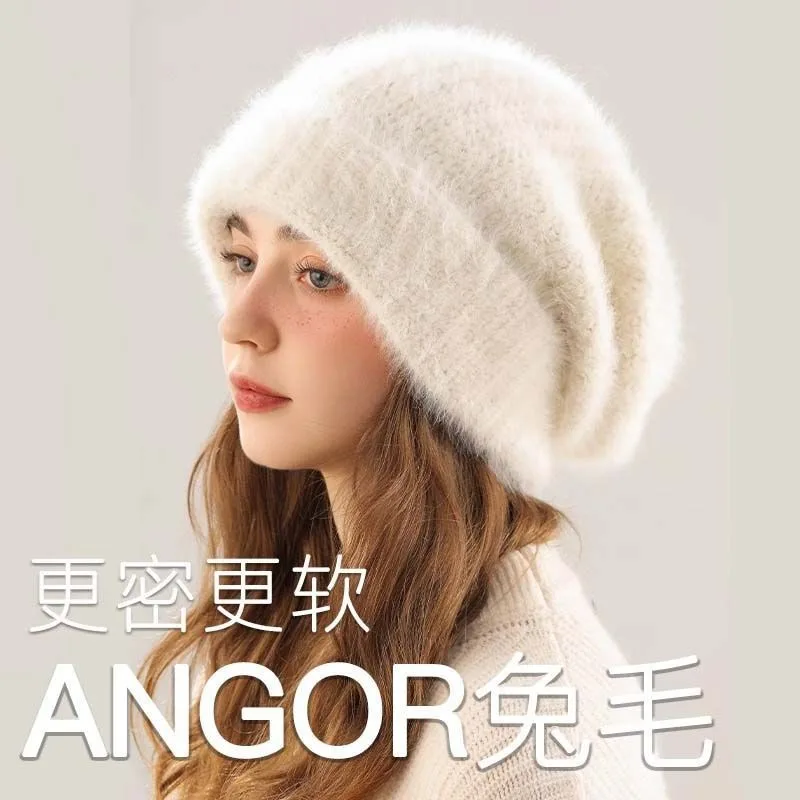 

Hare fur hat with fluffy lining makes face look smaller Knitted wool hat with wide brim and thick padding for extra warmth