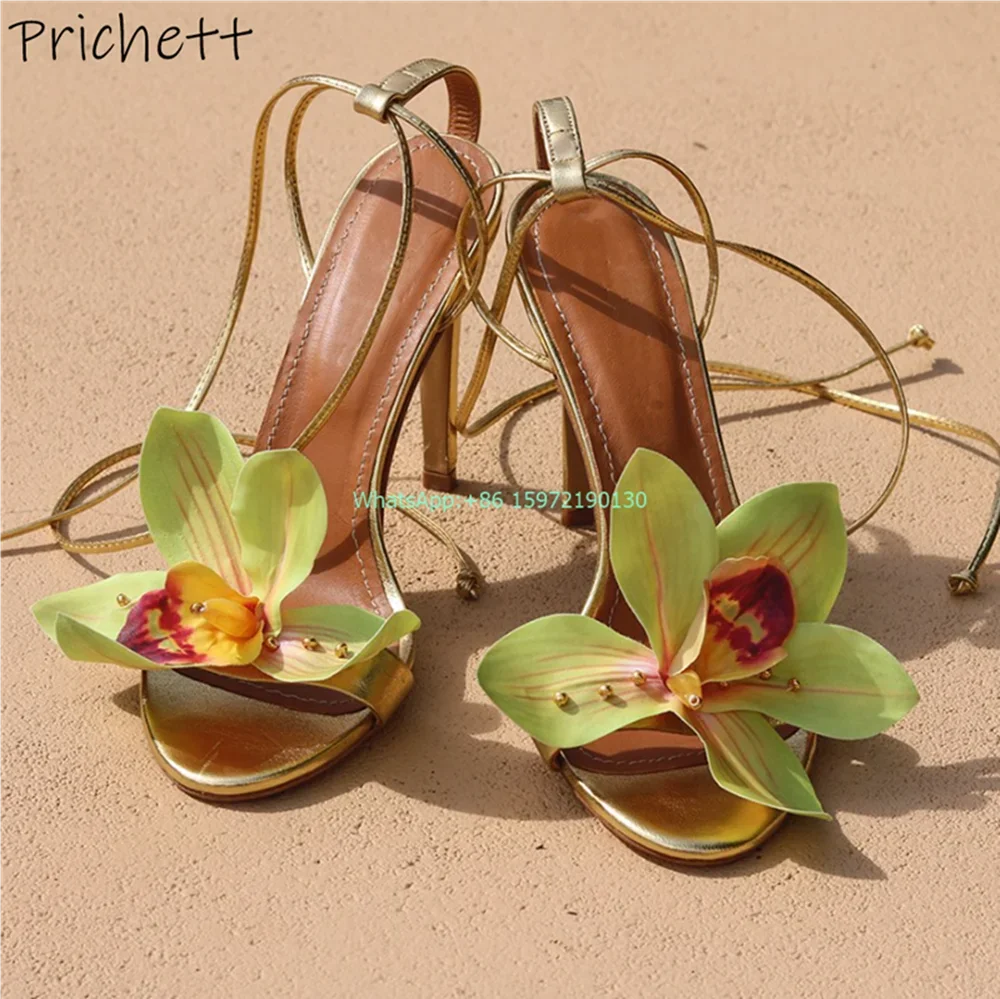 White Flower Cross Tied Sandals Round Toe Thin Heels Ankle Band Shoes Summer Lovely Sexy Boat Orchids Summer Vocation Shoes