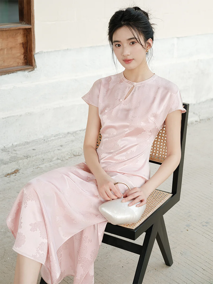 

Новинка: Женское длинное платье из розового шелкового атласа и ацетатного волокна в китайском стиле, с коротким рукавом, летнее.