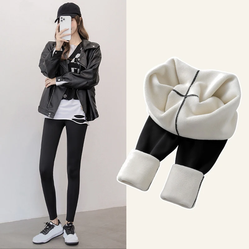 14OZ Women's Velvet Leggings Winter High Waist Warm Fleece Cotton Yoga Sports Pants Black Slim Fit Trousers