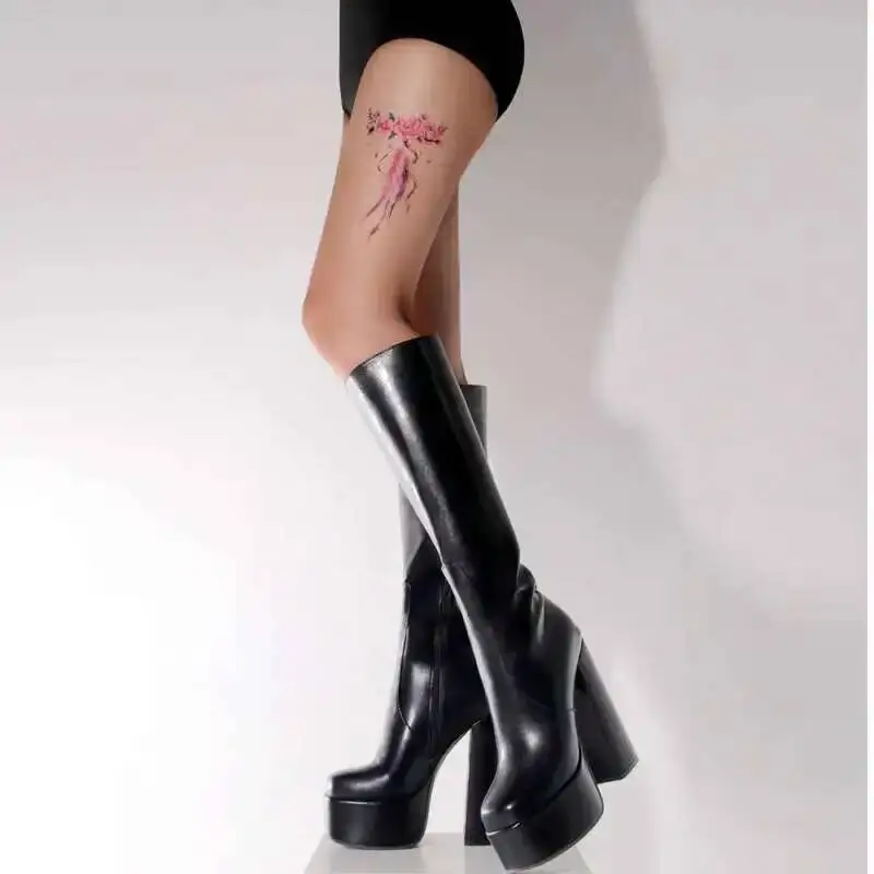 Màu Hồng Gợi Cảm Đầu Gối Giày Cao Nền Tảng Giày Cho Nữ Giày Nữ 2022 Mới Mùa Đông Thương Hiệu Vuông Cao Gót Punk Giày botas De Mujer