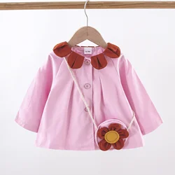 Children's Clothing Girls' Outerwear Spring And Autumn Petal Lapel Solid Color Trench Coat Free Flower Bag