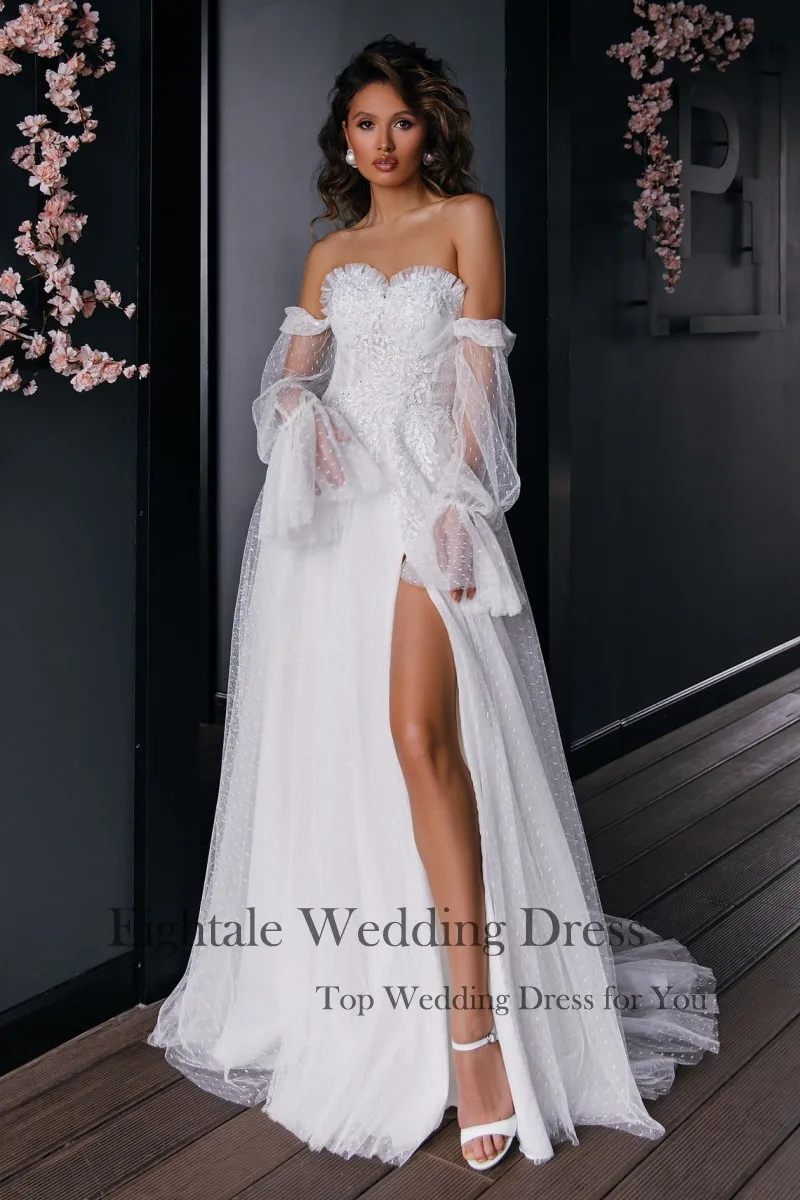 Eightale Bohemian Wedding Dresses off the Shoulder Puff Sleeves Polka Dot Tulle Side Split A-Line White Ivory vestido novia 2022