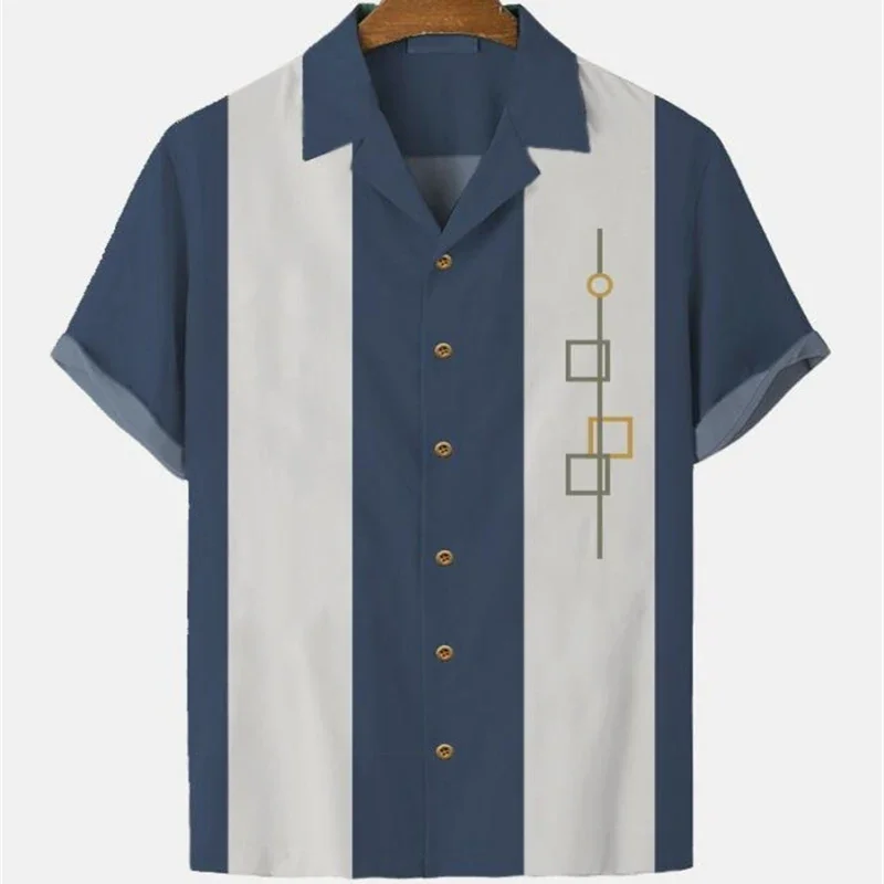 Simple Striped Small Fresh Pattern Printed Hawaiian short-sleeved Shirt Comfortable open-front men's Lapel Top Casual men's Shir