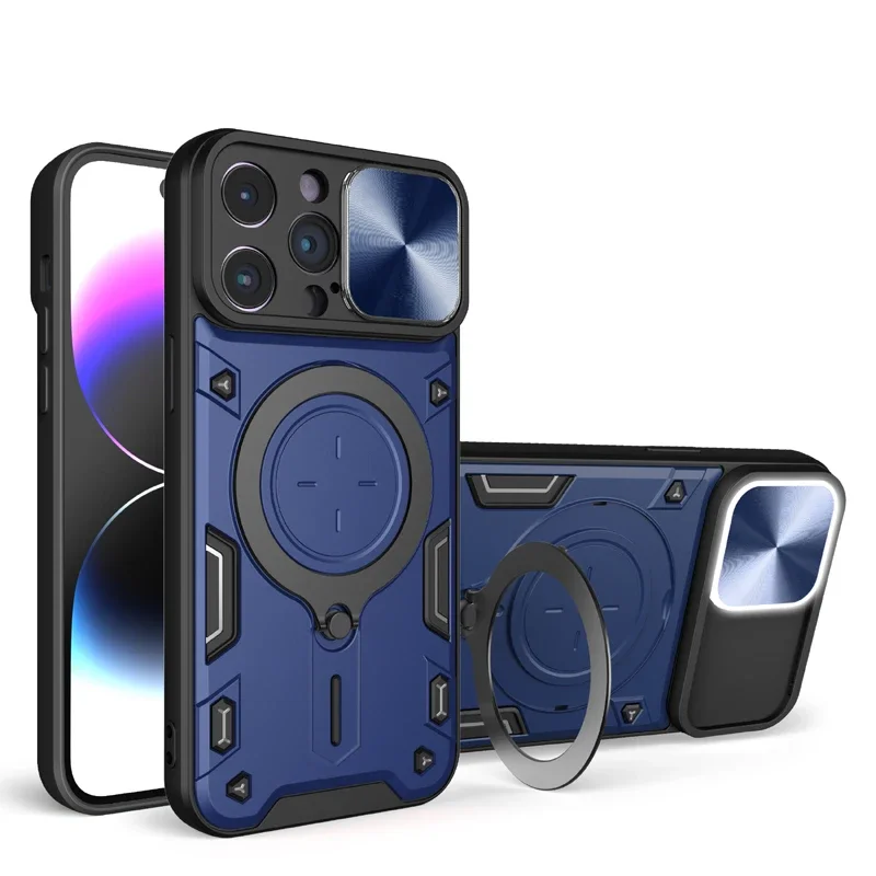 

Phone Case Slide Camera Lens Protect Armor Cover for IPhone 15 16 17 Pro Max 16 15 Plus 16E Air Back Cover Car Magnet Holder