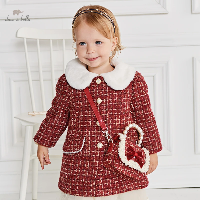 Dave Bella Winter  Girls Coat Warm Wool Heavyweight Plaid Overcoat for Kids Outerwear Jacket  Coat Clothes Jackets DB422427