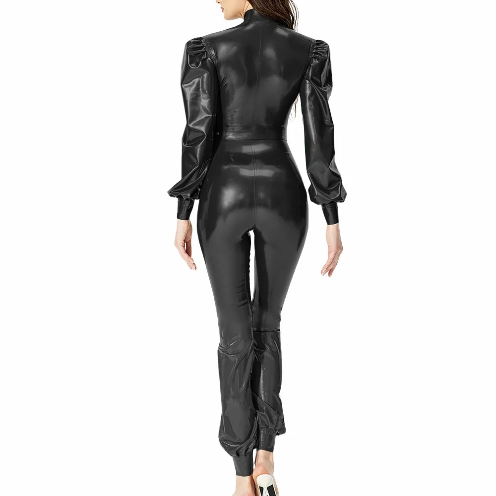 Puff Long Sleeves Jumpsuit for Ladies Wetlook Streetwear Back Zipper PVC Shiny Leather Rompers with Belt Party Womens Bodysuit