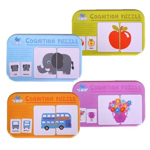 Baby Puzzle Toys with Iron Box Cards Matching Game Card Car Fruit Animal Life Cognitive Puzzles Gift for Toddler Kids Education