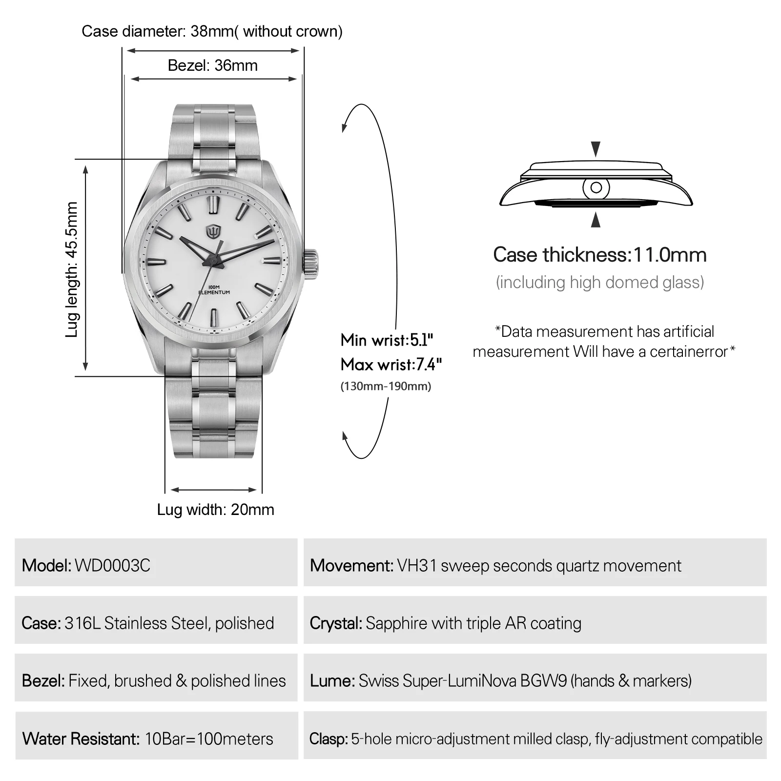 Watchdives WD0003C Quartz Watch VH31 Sweep Seconds Movement 38mm Ice Crack Dial Sapphire Luminous 100m Waterproof Men Wristwatch