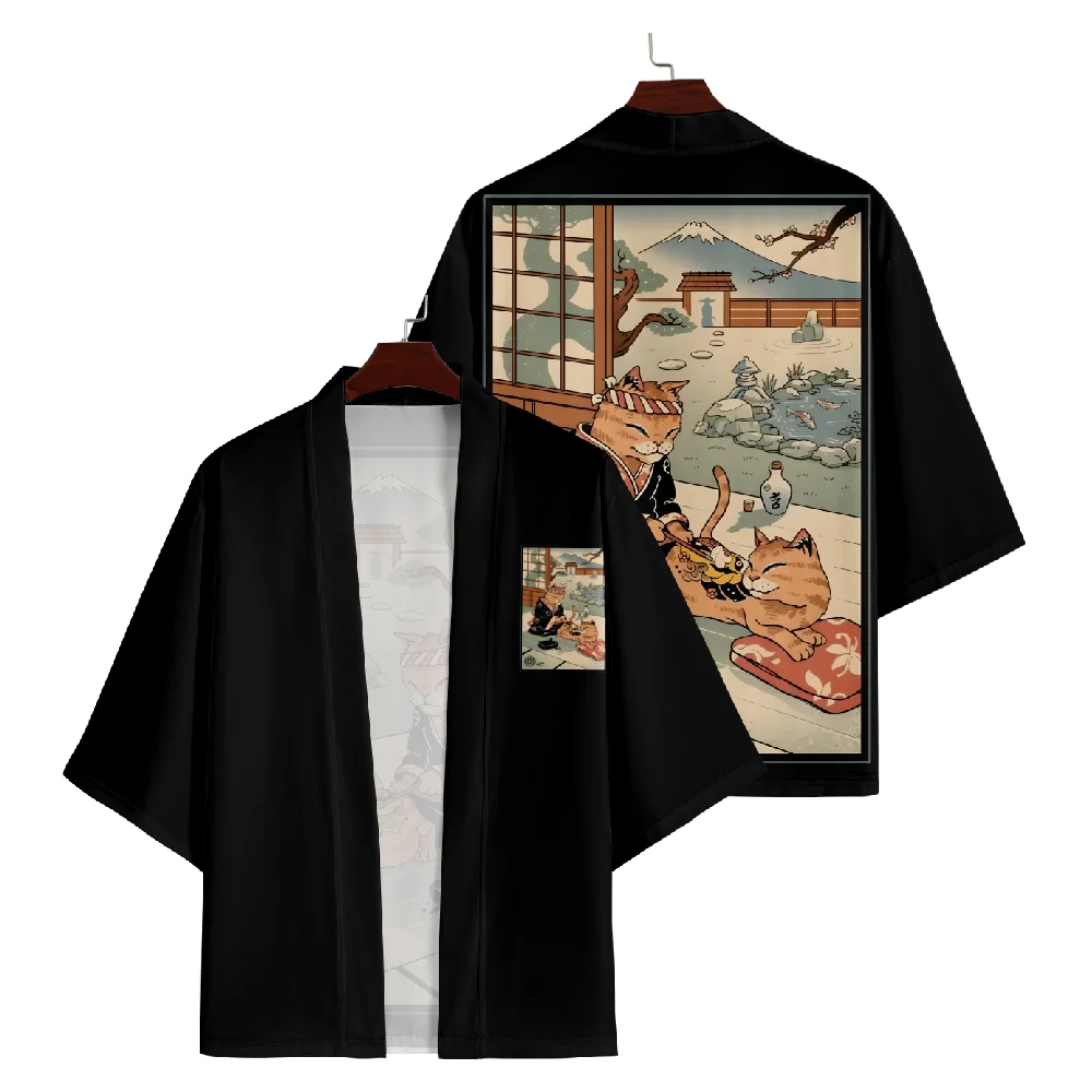 Asian Clothing for Women Men Cardigan Kimono Ukiyo-e Cat Print Shirts Yukata Plus Size 6XL 5XL Samurai Cosplay Japanese Clothes