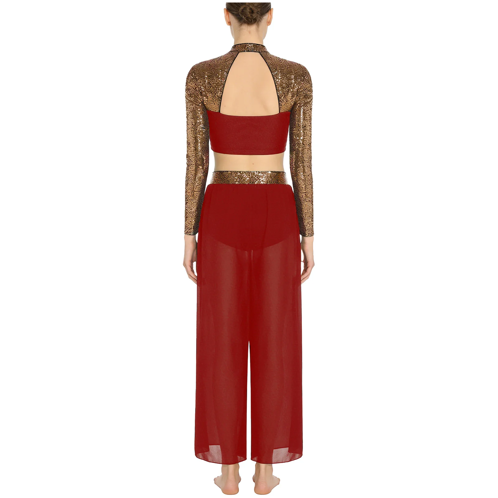 

Women Lyrical Dance Costume Ballet Jazz Latin Skating Contemporary Dancewear Long Sleeve Sequin Crop Top with Sheer Mesh Pants