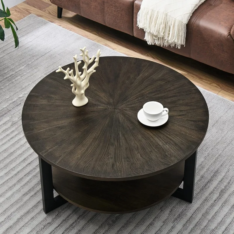 

Round Coffee Table with Storage Shelf, Farmhouse Living Room Cocktail Table with Black Metal Legs, Circular Solid Wood Center