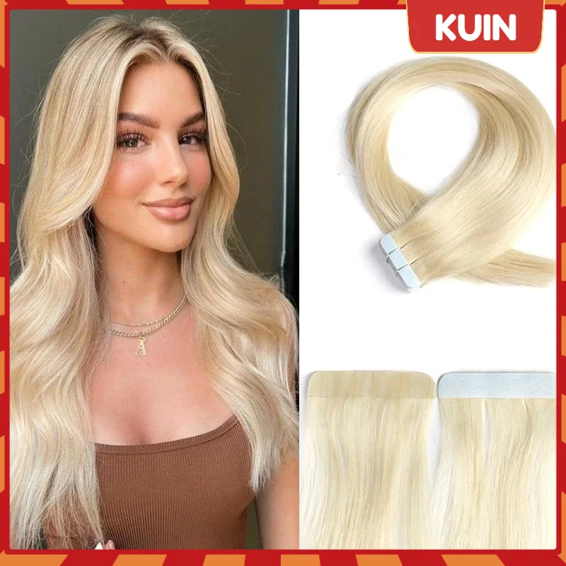 Extensiones de cabello de cinta recta hechas a máquina, cinta adhesiva de doble cara en extensiones de cabello humano Remy, trama de piel, peluca rubia Natural