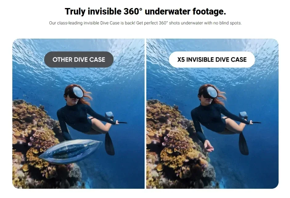 OEM Invisible Dive Waterproof Housing For Insta360 X5 60m (197ft) Plastic Seamless Underwater Stitching