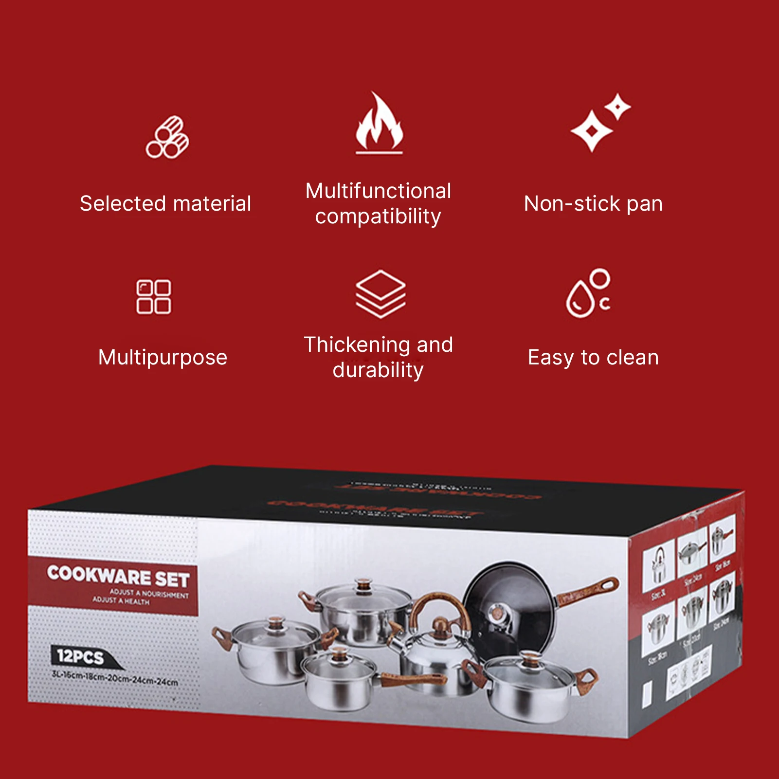 12 قطعة طقم أواني ومقالي للطهي مع غلاية 3 لتر غير لاصقة للمطبخ من الفولاذ المقاوم للصدأ طقم تحريض مع أغطية غسالة أطباق محمولة #2