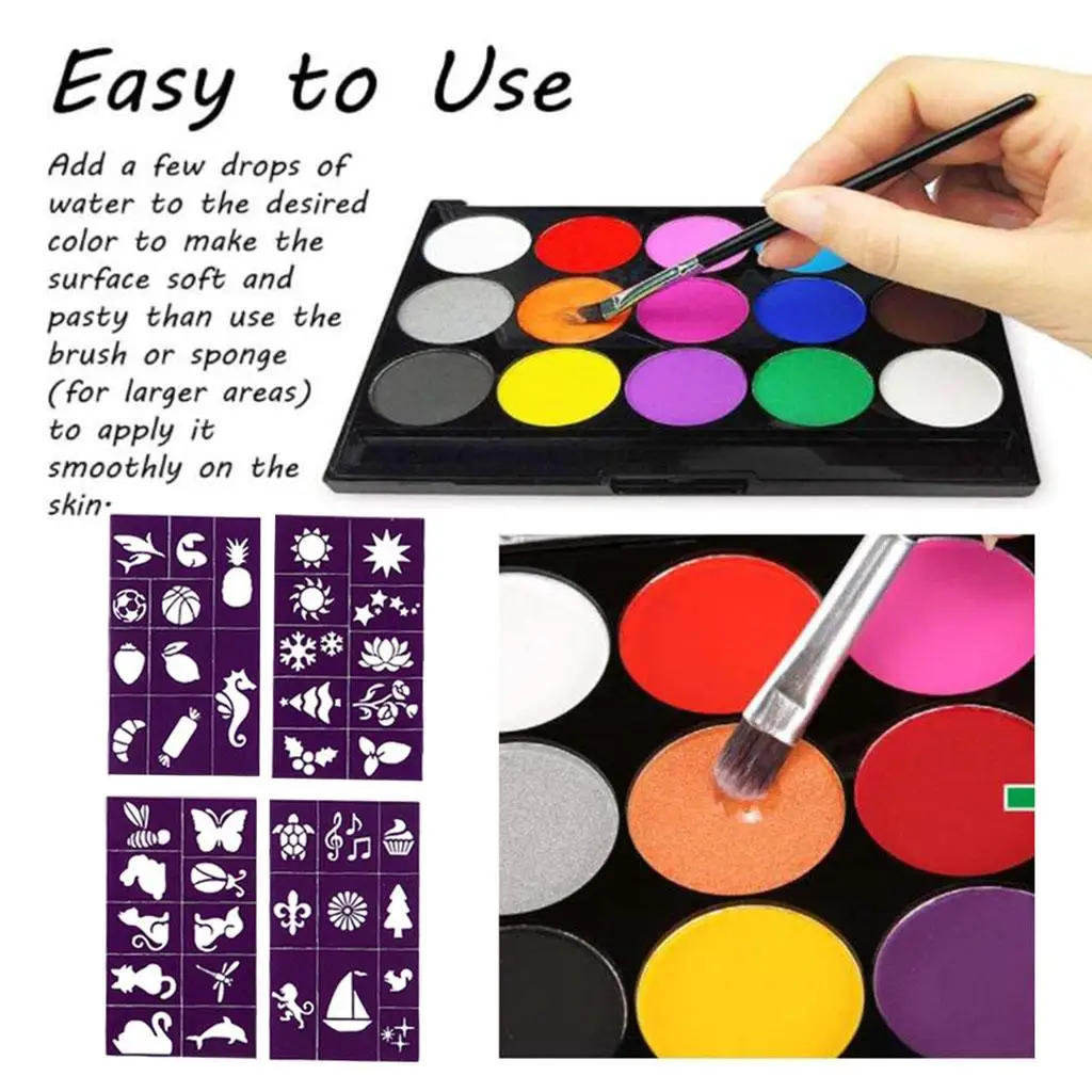 

1 Professional Water Based Painting Palettes w/Brushes Art Halloween Cosplay Party Stage Make Up Kit for Adults Kids