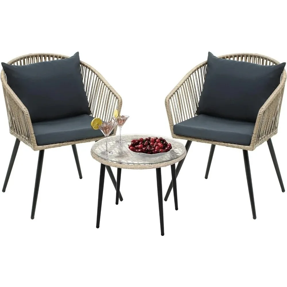 3-Piece Outdoor Patio Furniture Wicker Bistro Set, All-Weather Rattan Conversation Chairs for Backyard, Balcony and Deck with