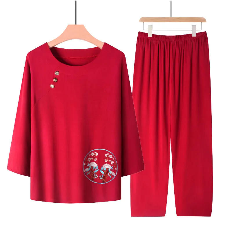 

XL-4XL Pyjama Pour Femme New Knit Cotton Middle Aged Mother Pajamas Set Printed Nightwear Homewear Suit Women's Sleepwear