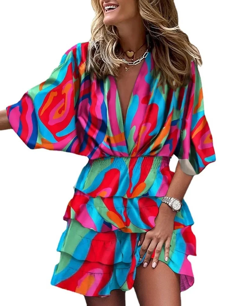 Women Sexy V-Neck Loose Batwing Half Sleeve Print Dress Fashion Elegant Lace-up Ruffle Boho Beach Mini Dress Casual Streetwear