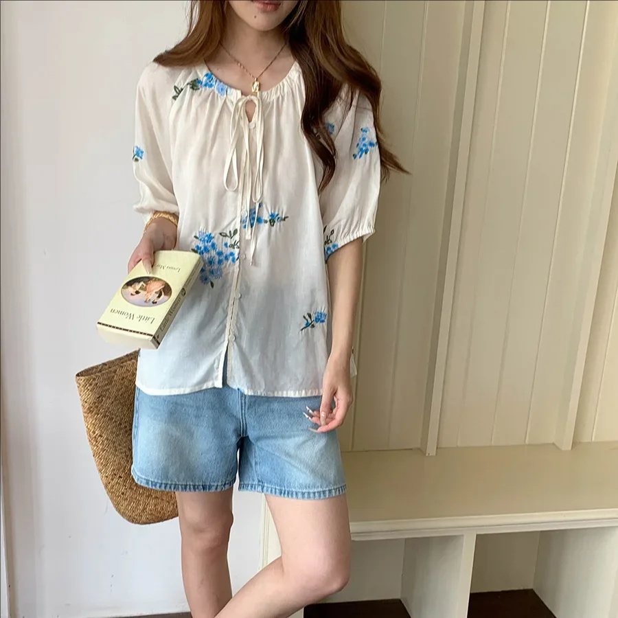 

Summer New Casual Linen Blend Embroidered Shirt Women's Fashion Comfortable Breathable Lightweight Top