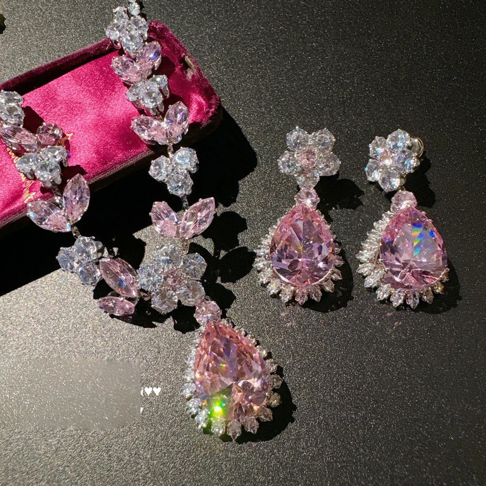 Women Pink Flower Drop Gemstone Necklace 18K Gold Plated Zircon Earrings Set