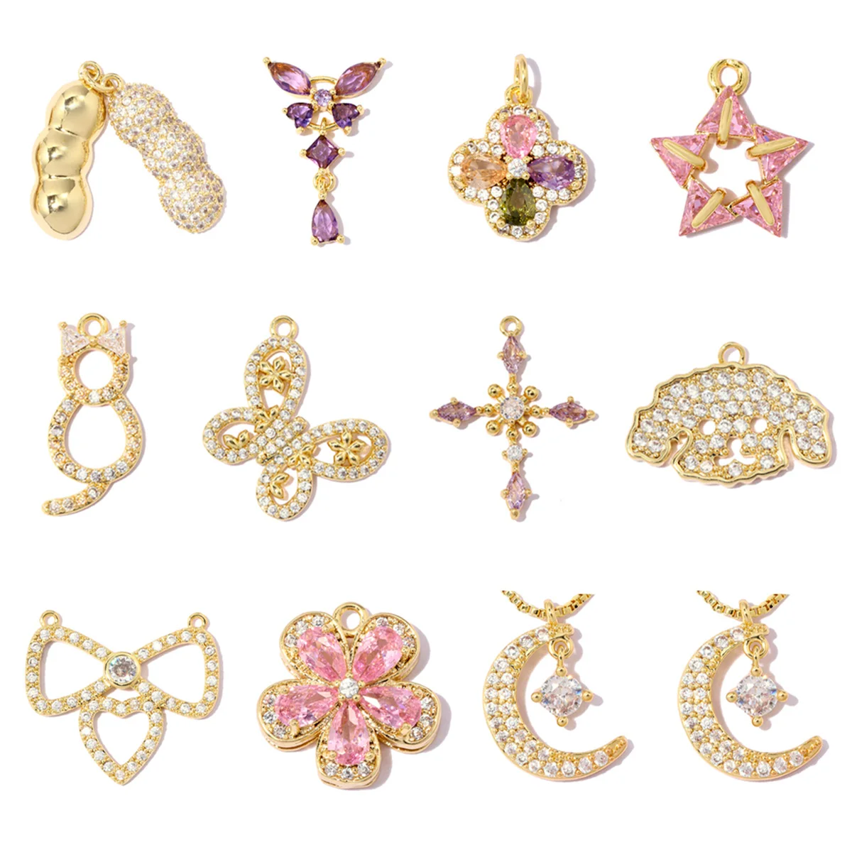 3pcs/Lot Unique Peanut Cat Copper Zircon DIY Charms Women Butterfly Cat Dog Necklace Pendant Moon Star Cross Jewelry Wholesale