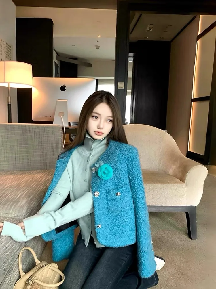 [oein] Socialite Long Sleeved Warm Down Small Jacket Women 2024 Winter New Product, White Peacock Blue Short