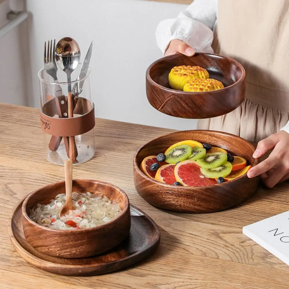 

Practical Stackable Solid Wood Bowl Handmade Round Wooden Salad Plate Easy To Clean Smooth Surface Snack Serving Tray Home
