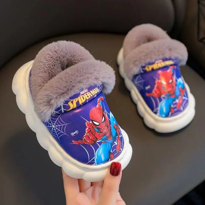 Disney Winter Children Cotton Slippers Kids Cartoon Spider Man Frozen Elsa Non Slip Warm Plush Baby Boys Girls Indoor Home Shoes