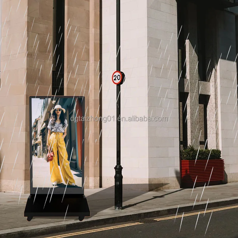 شاشة LED مقاس 43 بوصة محمولة على عجلات مقاومة للماء للأرضيات الخارجية مع شاشة رقمية للبرمجيات لمطعم الإعلانات
