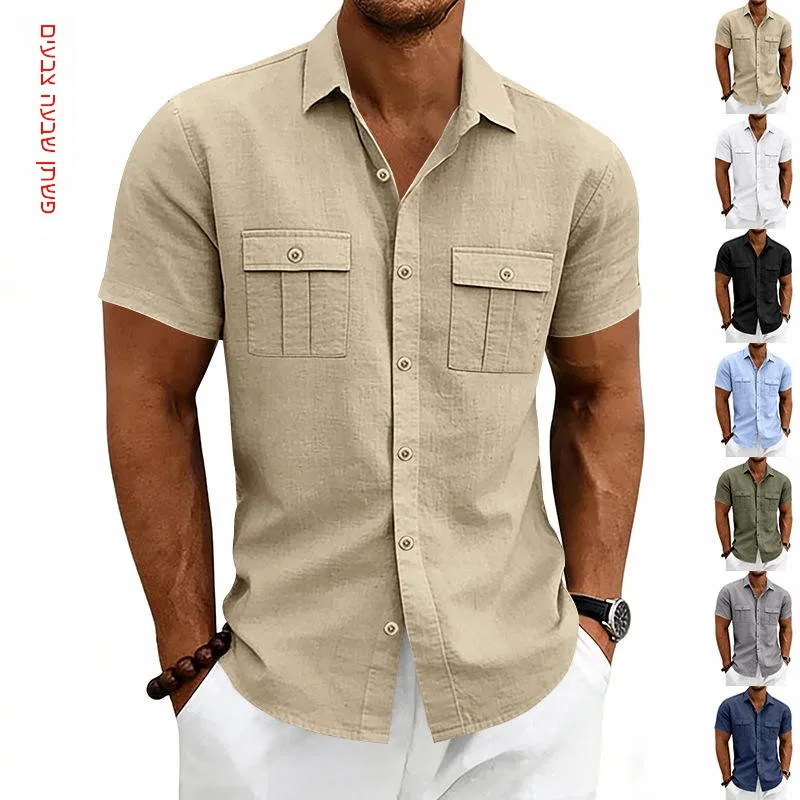 

Casual Loose Men's Linen Short Sleeve Shirt Outdoor Commute Workwear Multi-Pocket Spring 2026 PU Leather Fabric Other Material