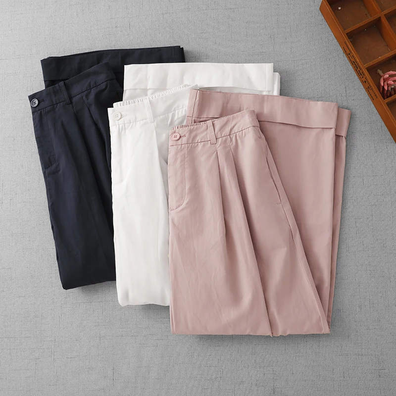 新しい女性のナインフットワイドレッグパンツ夏薄い通勤ハイウエストルーズカフ付きストレートカジュアルピュアカラー多用途