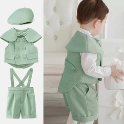 Baby Boy Fashion Suits 4 PCS Set Shawl Vest Shorts Braces Green Gentleman Kids Clothing Set Little Children Party Dress