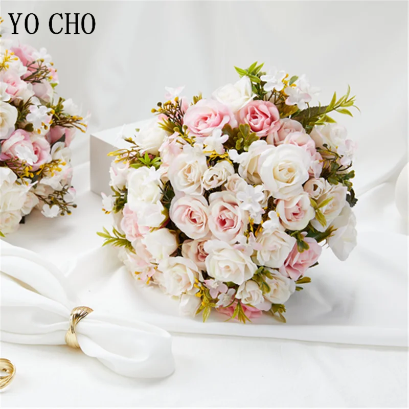 Bride Wedding Bouquet Bridesmaid Holding Flors Pink Roses Artificial Flower White Bridal Bouquet Wedding Decoration Accessories