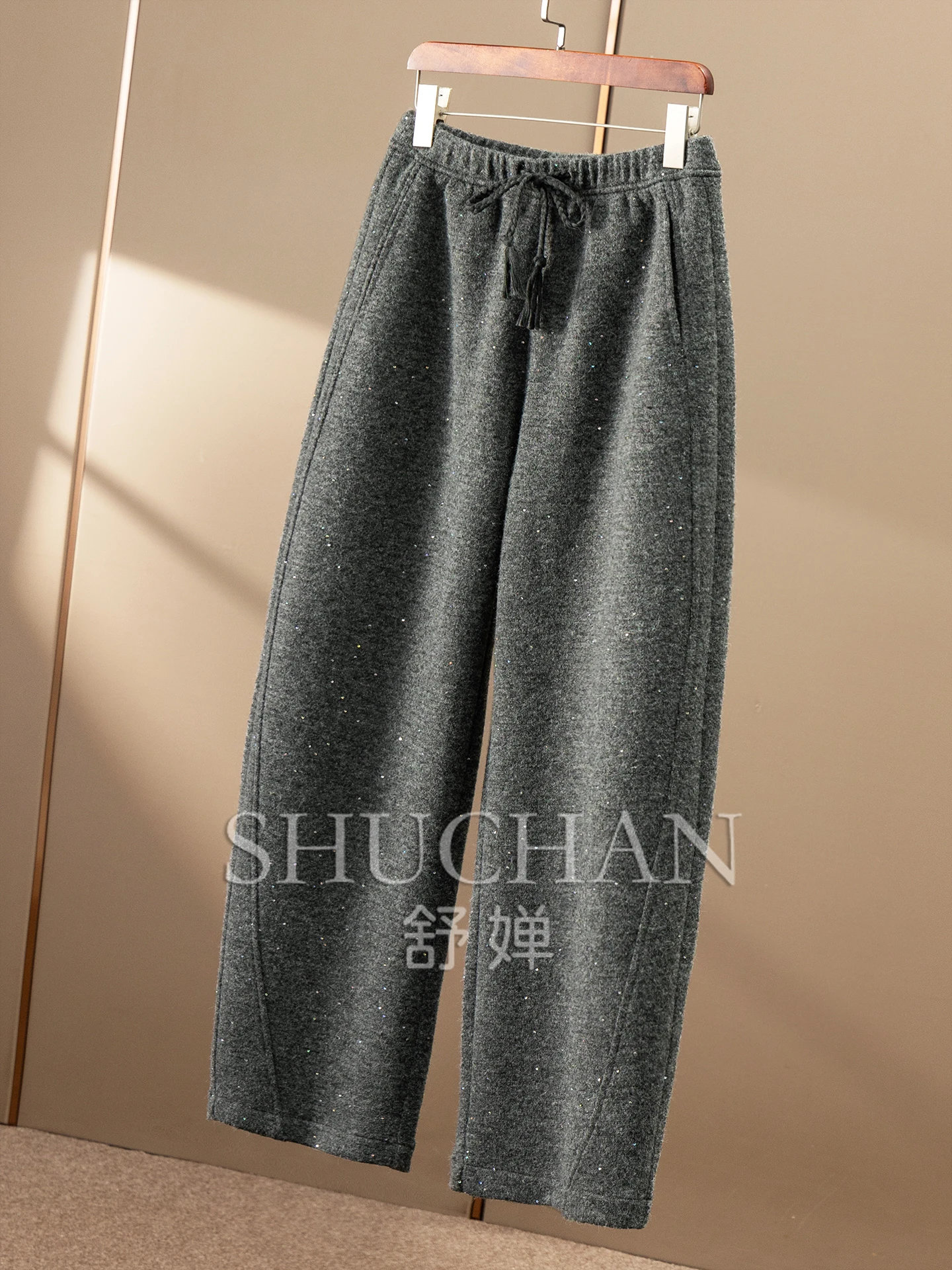 High-end Fine Glitter with Wool Elastic Waist Sickle Woolen Pants Women 16I6 Streetwear Women Sweatpants Women