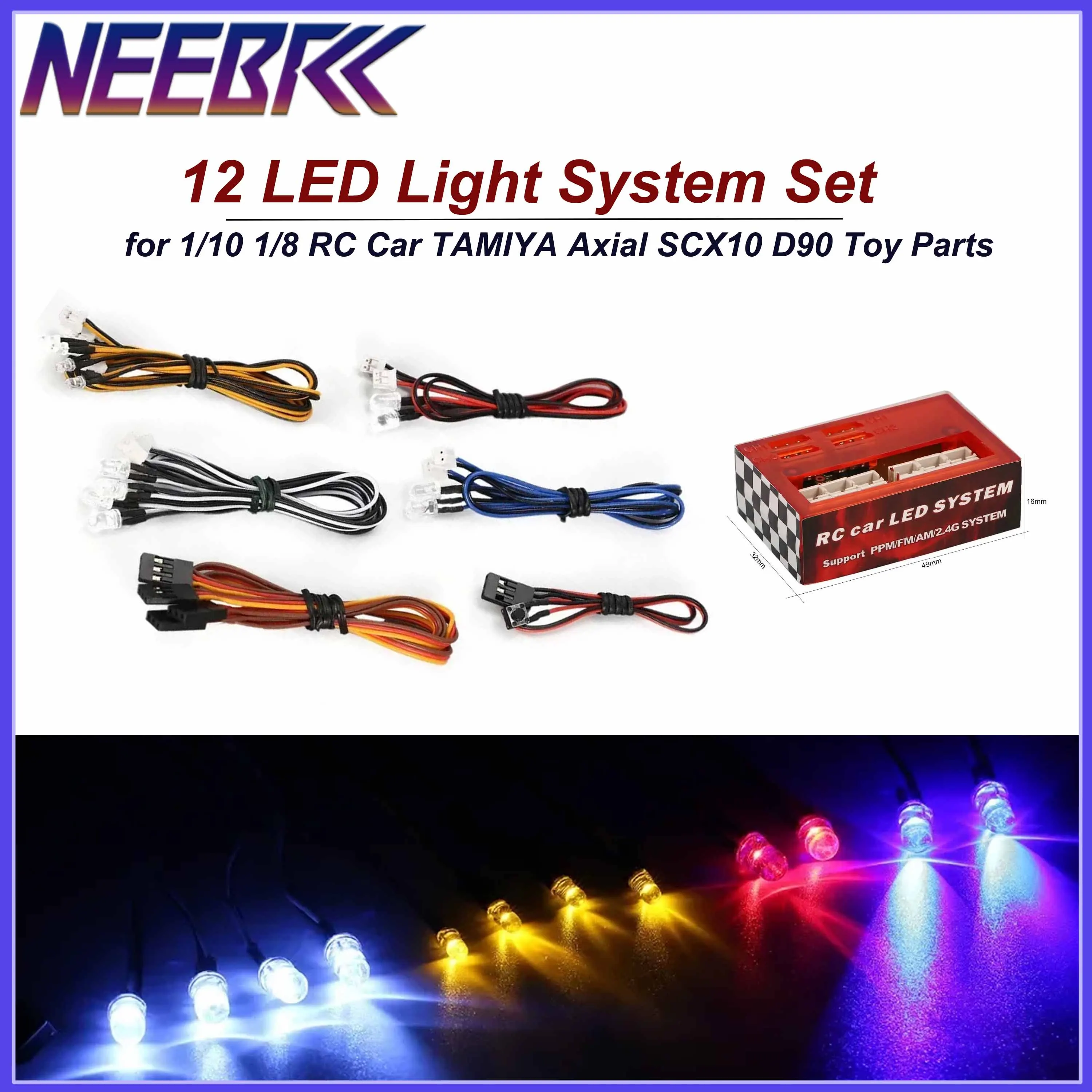 

NEEBRC 12-светодиодная многофункциональная система освещения, набор ультраярких ламп-вспышек для радиоуправляемого автомобиля 1/10 1/8 TAMIYA Axial SCX10 D90, детали игрушек